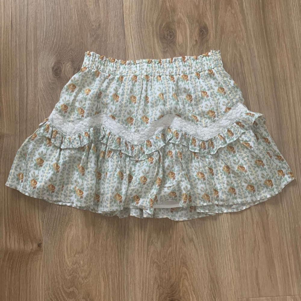 LoveShackFancy Piccolo Floral Ruffle Hem Pull On Mini Skirt Roses Green Womens S